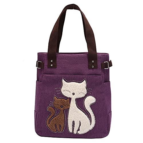 KAUKKO Canvas Handtaschen Niedliche Katzen Shopper Schultertasche Frauen Mädchen, Damen, Katzen Liebhaber, Lila-93 von KAUKKO