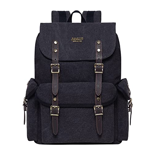 KAUKKO Canvas Retro Rucksack Damen Herren, Vintage Jagdrucksack Wanderrucksack mit 14 Zoll Laptopfach Backpack für Arbeit, Ausflüge, Uni, 20L, Schwarz-FP703 von KAUKKO