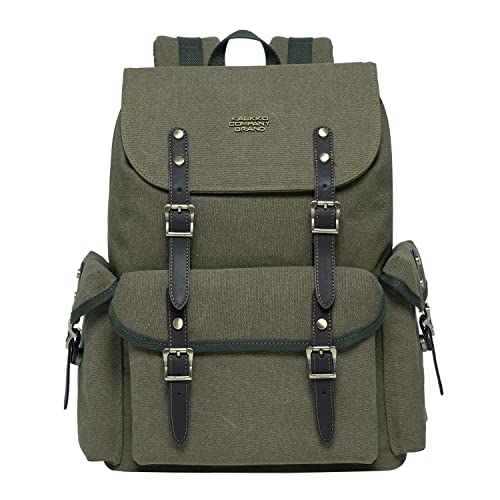 KAUKKO Canvas Retro Rucksack Damen Herren, Vintage Jagdrucksack Wanderrucksack mit 14 Zoll Laptopfach für Arbeit, Ausflüge, Uni, 20L, Armeegrün-FP703 von KAUKKO