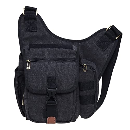 KAUKKO Canvas Taktisch Jahrgang Brusttasche Männer Frauen Tactical Schultertasche für Wandern Camping Radfahren,Schwarz-fh03-4 von KAUKKO