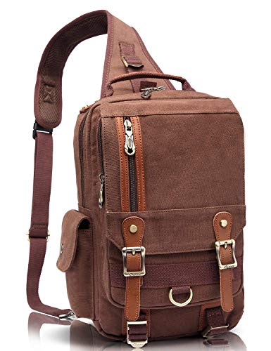 KAUKKO Retro Herren Brusttasche Damen Schultertaschen Vintage Canvas Freizeit Daypacks für Uni Alltag Gebrauch Reisen Wanderen, Coffee-PD252 von KAUKKO