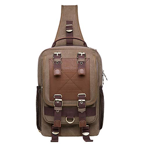 KAUKKO Herren Segeltuch Sling Schultertasche für Schule Trekking 24 * 9 * 33 cm 7.1 L (Khaki JNL-FD252-3-01) von KAUKKO