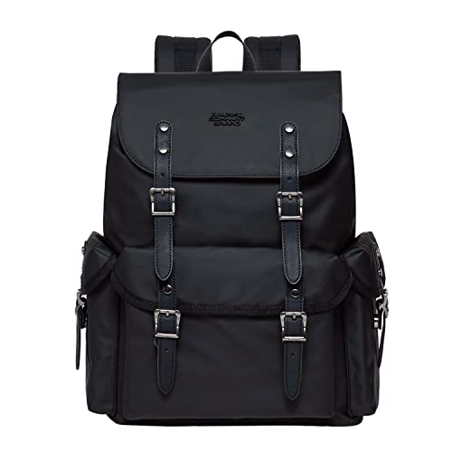 KAUKKO Leder Groß Rucksack Damen Herren, Vintage Wanderrucksack mit 14 Zoll Laptopfach für Arbeit, Ausflüge, Uni, 23L, Schwarz-FP703 von KAUKKO