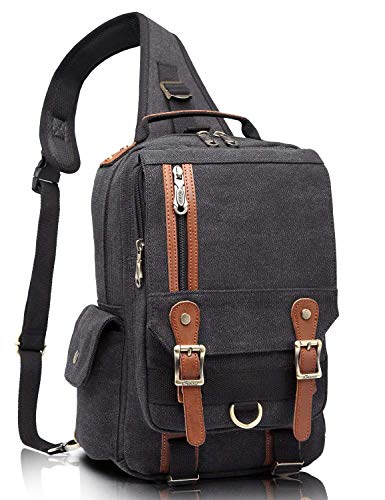 KAUKKO Retro Herren Brusttasche Damen Schultertaschen Vintage Canvas Daypack Sling Rucksack für Radfahren Schule Freizeit Schwarz-PD52 von KAUKKO