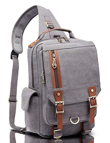 KAUKKO Retro Herren Brusttasche Damen Schultertaschen Vintage Canvas Freizeit Daypacks für Uni Alltag Gebrauch Reisen Wanderen, Grau-PD52 von KAUKKO