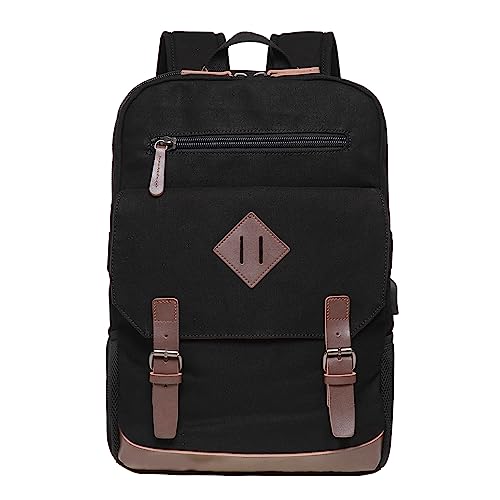 KAUKKO Retro Rucksack für Damen Herren, Vintage Daypack Schulranzen mit 15 Zoll Laptopfach für Arbeit, Uni, 25L, Schwarz-KF19 von KAUKKO