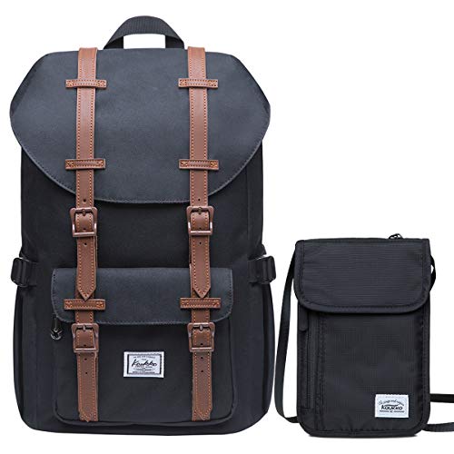 KAUKKO Rucksack Damen Herren 16 Zoll Backpack für 13" Notebook mit Reisepass Tasche Familien Reise Brieftasche Dokumente Organizer/ 20 * 13cm (Schwarz[Ep5-7-black-Set]) von KAUKKO