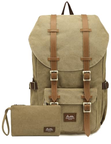 KAUKKO Vintage Canvas Rucksack Damen Herren Baumwolle Daypack für 15" Notebook mit Mäppchen für Schule, Uni, Reisen, Wandern, 22L, Khaki von KAUKKO