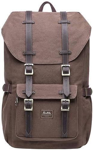 KAUKKO Vintage Canvas Rucksack Damen Herren Baumwolle Daypack mit Laptopfach für 15 Zoll Notebook für Schule, Uni, Reisen, Wandern, 22L, Coffee von KAUKKO