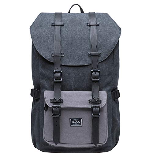 KAUKKO Vintage Canvas Rucksack Damen Herren Baumwolle Daypack mit Laptopfach für 14 Zoll Notebook für Schule, Uni, Reisen, Wandern, 22L, Schwarz und Grau von KAUKKO