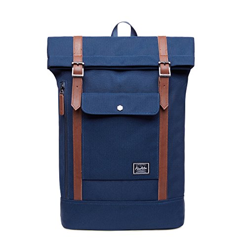 KAUKKO Rucksack Roll Top Backpack Lässiger Vintage Tagesrucksack Herren Laptop Schulrucksack fit 15" Notebook Bag für Wandern Reisen Camping (Blau JNL-F5-12) von KAUKKO