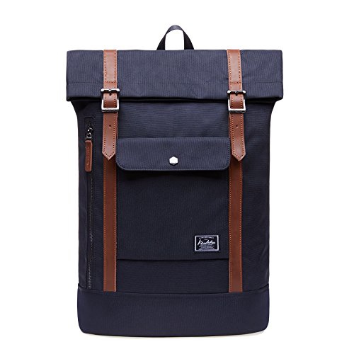 KAUKKO Rucksack Roll Top Backpack Lässiger Vintage Tagesrucksack Herren Laptop Schulrucksack fit 15" Notebook Bag für Wandern Reisen Camping (Schwarz JNL-F5-03) von KAUKKO