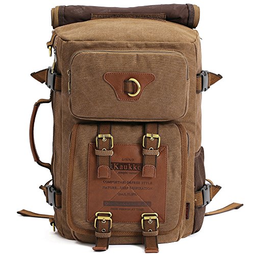 KAUKKO Rucksacke Herren Vintage Military Canvas für Outdoor Reisen Wandern(Khaki JNL-05-01) von KAUKKO