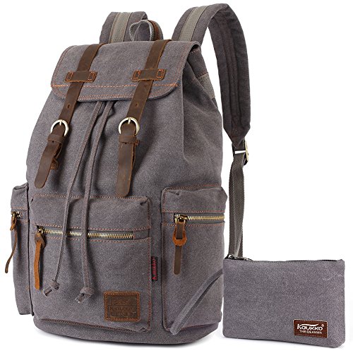 KAUKKO Vintage Rucksäcke, Canvas Laptop Rucksack Damen Herren Schulrucksack Daypack Stylisch Backpack für Outdoor Wanderreise Camping mit Großer Kapazität (Grau T02) von KAUKKO