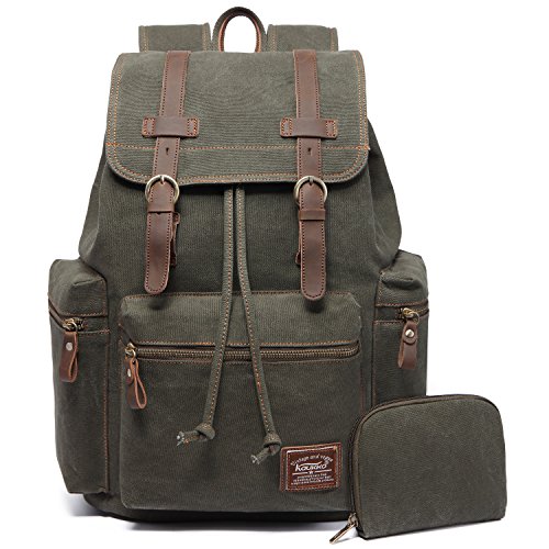 Vintage Rucksäcke,Kaukko Canvas Laptop Rucksack Damen Herren Schulrucksack Daypack Stylisch Backpack für Outdoor Wanderreise Camping mit Großer Kapazität (Grün 702-1) von KAUKKO