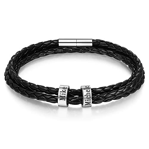 kaululu Damen Personalisierte Schwarze Lederarmbänder mit 2-5 Beads Namen mit Gravur Herren Paar Armbänder für Männer Frauen Bff Personalisierte Geschenke für Geburtstag (2 Name, 21) von kaululu