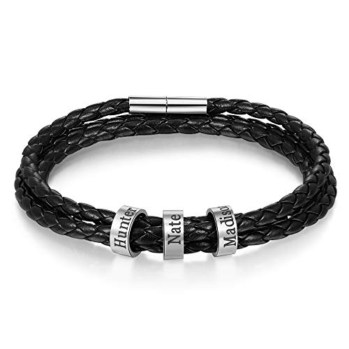 kaululu Damen Personalisierte Schwarze Lederarmbänder mit 2-5 Beads Namen mit Gravur Herren Paar Armbänder für Männer Frauen Bff Personalisierte Geschenke für Geburtstag (3 Name, 19) von kaululu