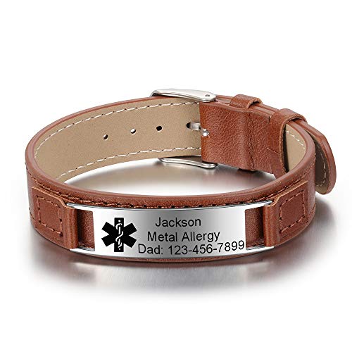 kaululu Herren Damen Personalisierte Lederarmbänder mit Namen Gravur Medical Alert ID Notfallarmband Edelstahl Armbänder für Männer Frauen Personalisierte Geschenke (#6) von kaululu