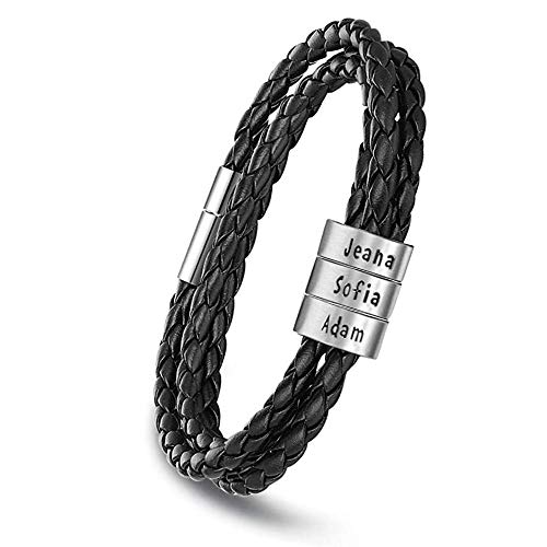 kaululu Armbänder für Herren Personalisierte Schwarz Lederarmband mit 2-5 Namen Partnerarmbänder Paar Armband mit Gravur Armbänder für Männer BFF Papa Vatertag Personalisierte Geschenke von kaululu