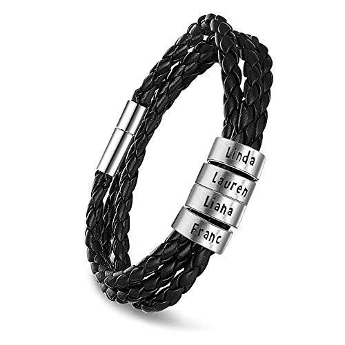 kaululu Armbänder für Herren Personalisierte Schwarz Lederarmband mit 2-5 Namen Partnerarmbänder Paar Armband mit Gravur Armbänder für Männer BFF Papa Vatertag Personalisierte Geschenke von kaululu