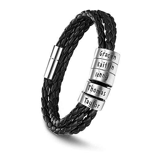 kaululu Armbänder für Herren Personalisierte Schwarz Lederarmband mit 2-5 Namen Partnerarmbänder Paar Armband mit Gravur Armbänder für Männer BFF Papa Vatertag Personalisierte Geschenke von kaululu