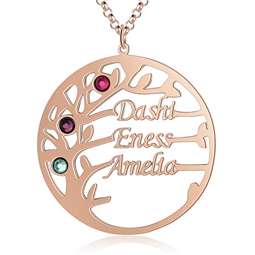 kaululu Personalisiert Damen Baum des Lebens kette mit Gravur 2 bis 4 Familie Namen Stein Namenskette 925 Silber Anhänger für Mutter BFF Schmuck Halskette Geburtstag (Rosegold, 4 name) von kaululu