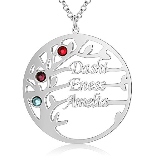 kaululu Personalisiert Damen Baum des Lebens Kette mit Gravur 2 bis 4 Familie Namen Stein Namenskette 925 Silber Anhänger für Mutter BFF Schmuck Halskette Geburtstag (Silver, 4 Name) von kaululu