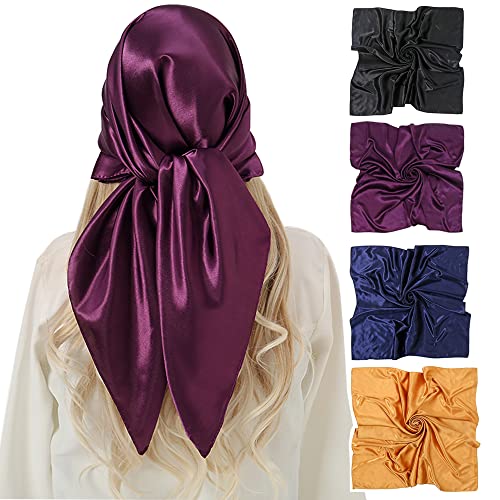 KAVINGKALY 4pcs Damen Große Satinschals Großer Schal Haarschal Quadratischer Soft Touch Touch Seidenschal Leichter reiner Farbschal (4pcs-Solid color01) von KAVINGKALY