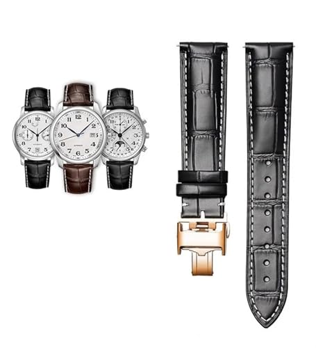 KAVJU 18 19 20 21 22 mm echtes Kalbsleder-Armband für Master L2 L3 L4 L2.628 L2.673 Rindsleder-Uhrenarmband(Black white-rosegold,19mm) von KAVJU