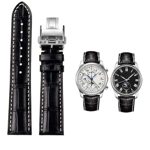 KAVJU Für Masters Collection L3 L4 L2.628/L2.673 Uhrenarmband Rindsleder Schmetterlingsschnalle Armband 19 20 21 mm Armband(Black silver Folding,19mm) von KAVJU