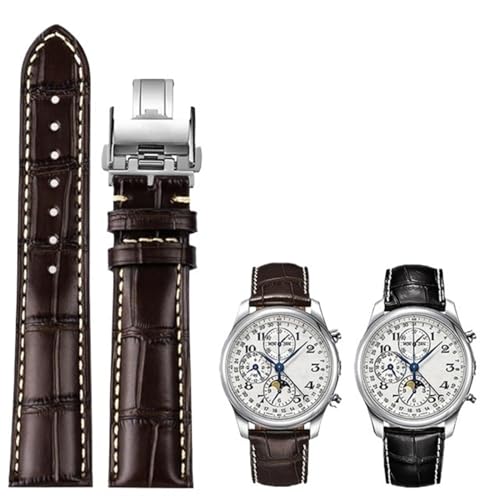 KAVJU Für Masters Collection L3 L4 L2.628/L2.673 Uhrenarmband Rindsleder Schmetterlingsschnalle Armband 19 20 21 mm Armband(Brown silver Folding,19mm) von KAVJU