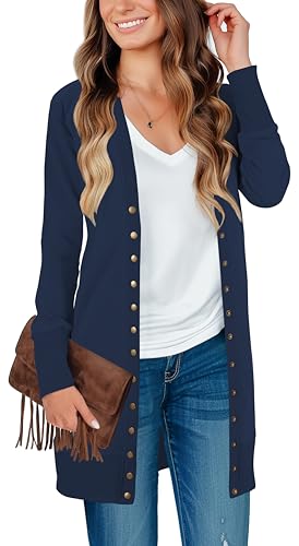KAY SINN Lange Strickjacke, Pullover für Damen, vorne offen, Druckknopf, gerippt, Strickjacken, 01-Marineblau-15 (US), Klein von KAY SINN
