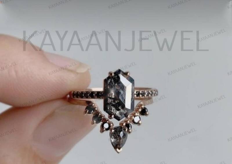2.30Ct Salz Und Pfeffer Sechseckschliff Diamant Verlobung Ehering Set in 925 Sterling Silber, Ring, Geschenk Für Frauen, Geschenke von KAYAANJEWEL