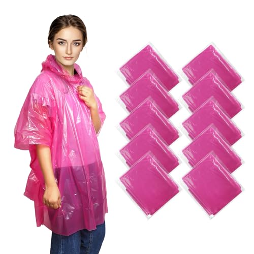 KAshack 10 Stück Einweg Regenponcho Magenta für Damen & Herren – 100% Wasserdichtes Regen Poncho mit Kaputze Leichtgewichtiger für Konzert,Wandern Camping und Reisen Notfallponcho von KAshack