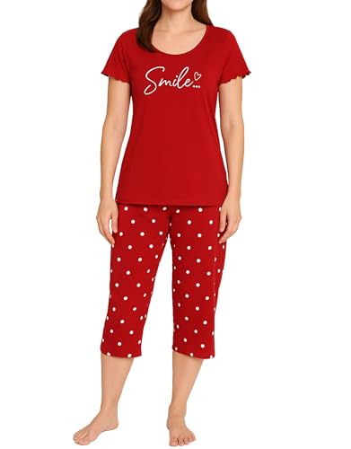 KB Schlafanzug Damen Kurz Pyjama Kurzarm Baumwolle Rundhalsausschnitt Nachtwäsche Set Zweiteiliger Top Kurzarm und 3/4 Lang Gepunktete Pyjamahose Freizeitanzug für Sommer Rot/Blau S-XL von KB