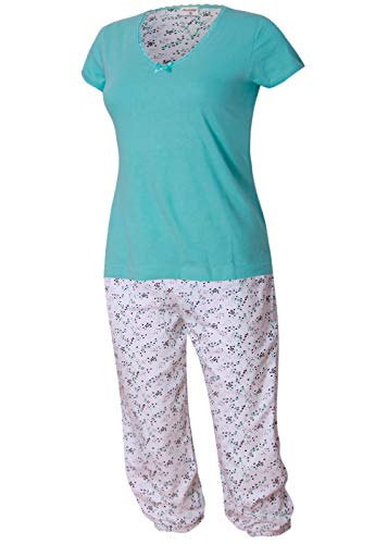 KB Damen Schlafanzug Pyjama Capri Hose T-Shirt Spitze (L, Blau) von KB