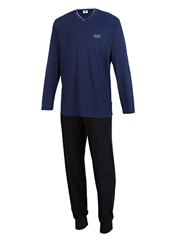 KB Schlafanzug Herren lang Pyjama Herren Nachtwäsche Herren blau Langarm Oberteil V-Ausschnitt Schwarze Hose mit Bund 100% Baumwolle Größen 58 60 62 64 von KB