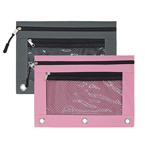 KBD Federmäppchen mit 3 Ringbüchern, Reißverschluss-Federmäppchen mit Reißverschluss, Doppeltasche, 3 Ringe mit transparentem Fenster, Grau und Rosa, 2 Stück KBD Federmäppchen mit 3 Ringbüchern, Reißverschluss-Federmäppchen mit Reißverschluss, Doppeltasche, 3 Ringe mit transparentem Fenster, Grau und Rosa, 2 Stück von KBD
