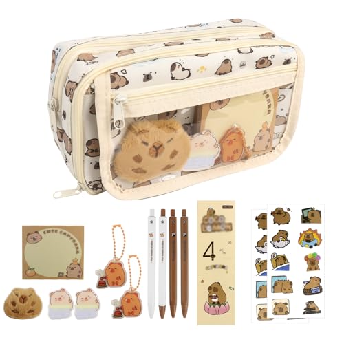 KBIBCK Capybara Federmäppchen, Capybara Briefpapier Set with 9 Compartments, Federmäppchen mit Schlüsselanhänger Aufklebern Broschen Haftnotiz, Großes Fassungsvermögen Pencil Case für Schule & Kinder von KBIBCK