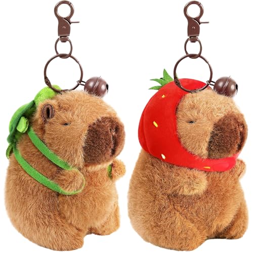 KBIBCK Capybara Schlüsselanhänger Plüsch, 2 Stück Capybara Kuscheltier Schlüsselanhänger, Capybara Kuscheltier Anhänger, Capybara Strawberry Schlüsselanhängers Plüsch für Kinder Erwachsene Rucksack von KBIBCK