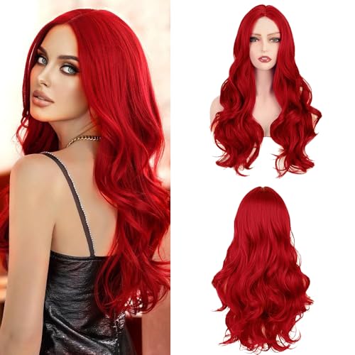 KBIBCK Rote Perücke Damen, 24 Zoll Perücke Weinrot Lang, PerückeKarneval Damen Lang,Gewellte Perücken für Frauen, Langhaarperücken Damens Rot,Synthetische Perückes Langs für Tägliche Kostüm Party(Rot) von KBIBCK