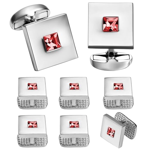 Manschettenknöpfe und Ohrstecker Set Kristall for Herren Smoking Hemd Hochzeit Party Zubehör - Business Hochzeit Tanzparty Business(Silver-red) von KBLDOPN