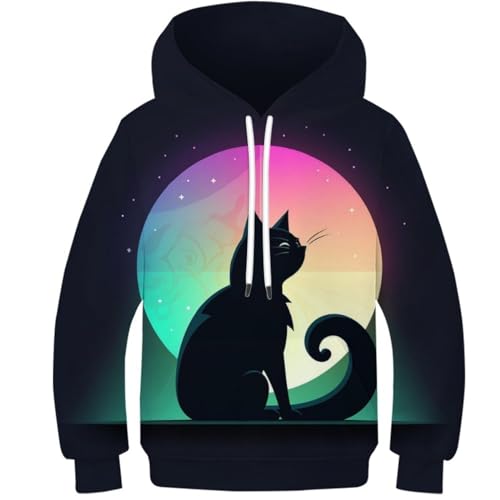 Black Cat Unisex Kinder Mädchen Jungen Hoodie 3D-Druck Cartoon Pattern Pullover Fashion Kapuzenpullover 8-10Y von KBLDYAFB