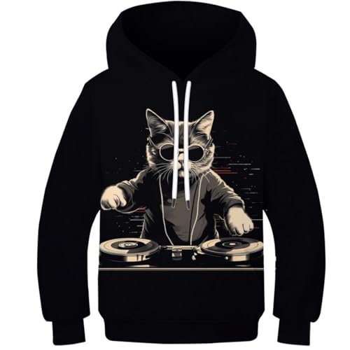 KBLDYAFB Cat DJing Unisex Kapuzenjacke Mädchen Sweatjacke Hoodie Kinder 3D Cute Animal Art Gedruckt Kapuzenpullover Mit Reißverschluss Langarm 5-16 Jahre 11-13Y von KBLDYAFB