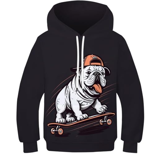Skateboarding Bulldog Unisex Kapuzenjacke Mädchen Sweatjacke Hoodie Kinder 3D Cute Cartoon Gedruckt Kapuzenpullover Mit Reißverschluss Langarm 5-16 Jahre 11-13Y von KBLDYAFB