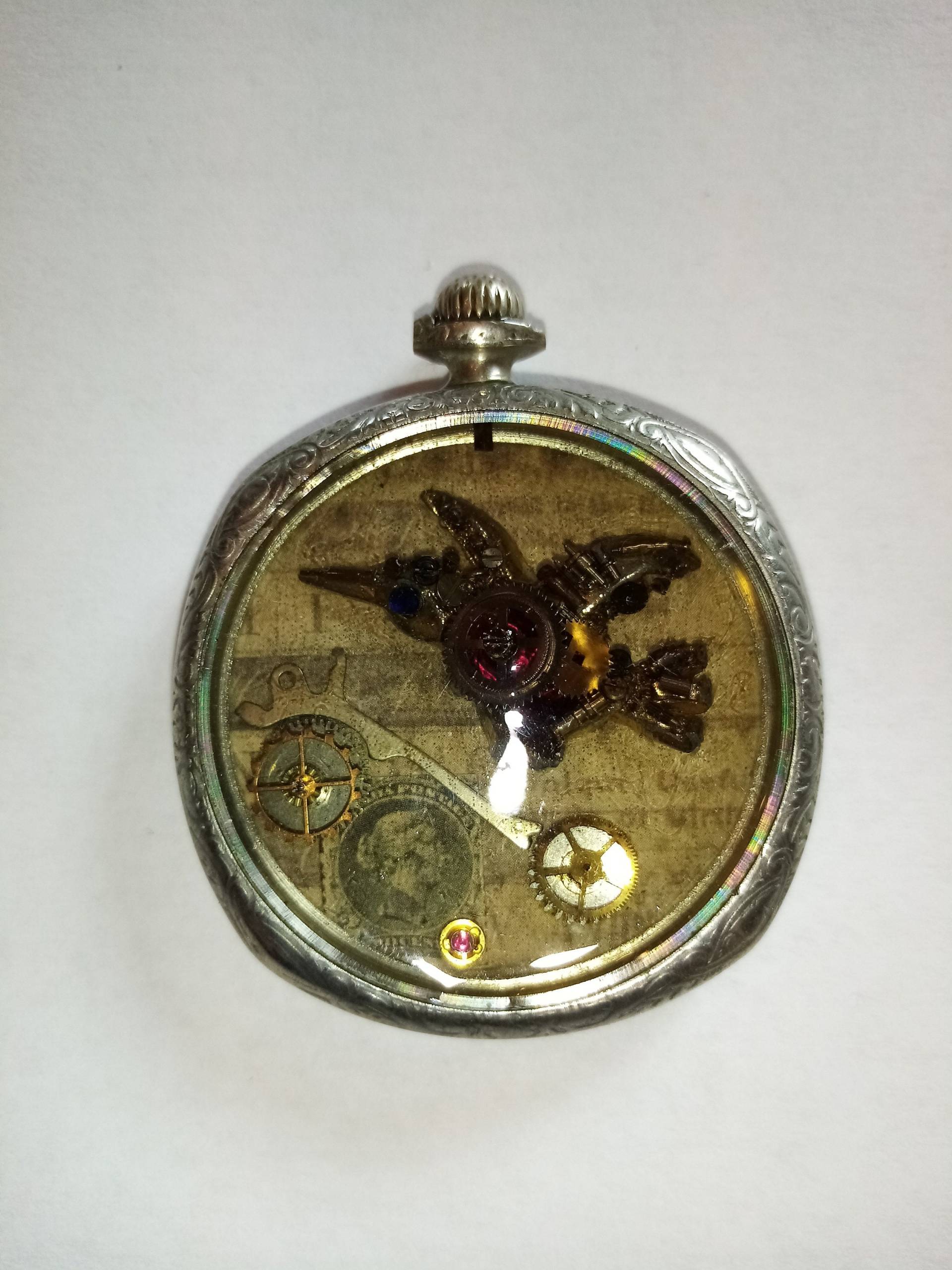 Antikpocket Uhr Vogel Brosche Wiederverwendet Steampunk Handwerk Ornament Anhänger Andenken Skulptur Antike Taschenuhr von KBMetals