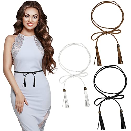 KBNIAN 3 Stück Damen Geflochtener Taillengürtel Dünner Quaste Gürtel PU-Leder Schmaler Hüftgürtel Kleidgürtel Gewebte Quaste Gürtel mit Kleidern, T-Shirts, Langen Hemden, Anzügen(Schwarz/Weiß/Kamel) von KBNIAN