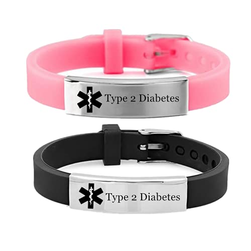 KBNSUIAN 2er-Pack verstellbares Medizinisches Alarm Armband Typ 2 Diabetes für Frauen Kinder Männer Personalisiertes ID Diabetiker Silikon Armband für Erwachsene Kinder, mit Hilfstasche von KBNSUIAN