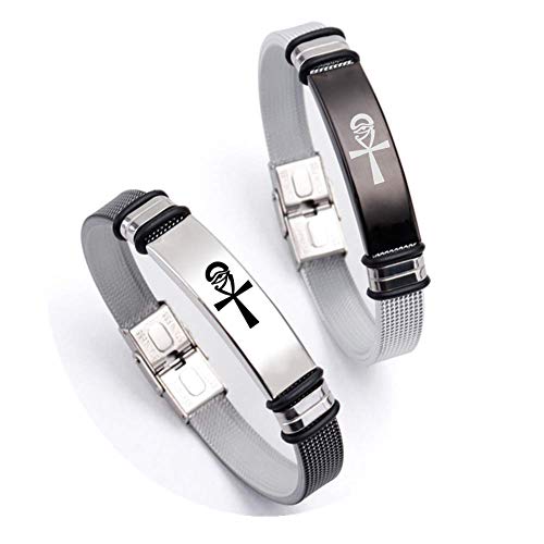 KBNSUIAN Auge des Horus Ankh Armbänder Set, 2er-Pack Edelstahl Agyptische Symbolik Kreuz Amulett Schutz Armreif für Männer Frauen, Silber, Schwarz von KBNSUIAN