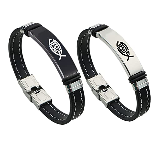 KBNSUIAN Christliches Symbol Jesus Fisch Silikon Armband mit Edelstahl Schnalle, Religiöse Christus Ichthus Armreif Frauen Männer Ichthys Schmuck Glaube Erinnerung für Kirche täglich, 8,26 Zoll von KBNSUIAN